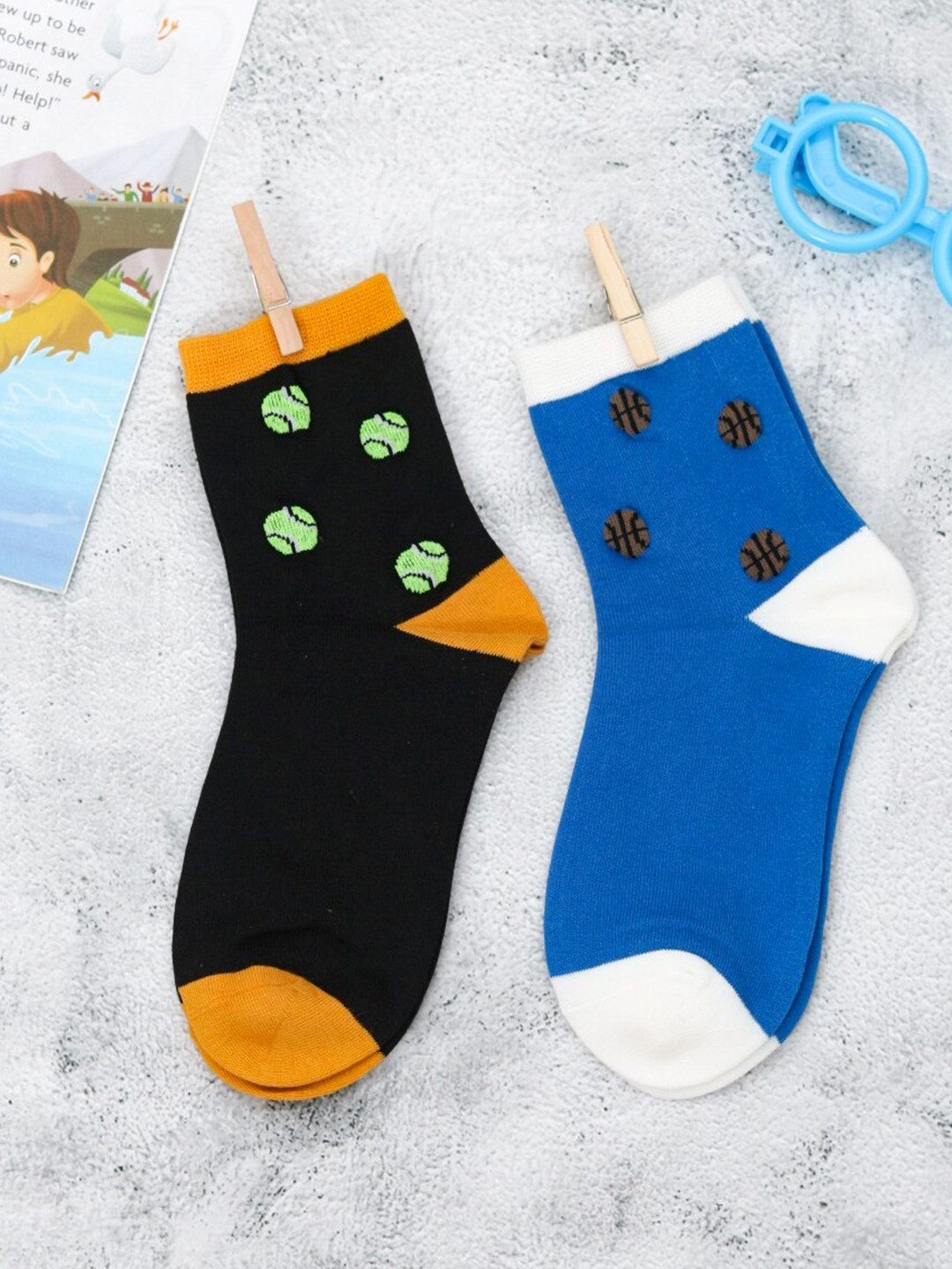Yellow Bee Boys Blue & Black Pack Of 2 Patterned Cotton Ankle-Length Socks