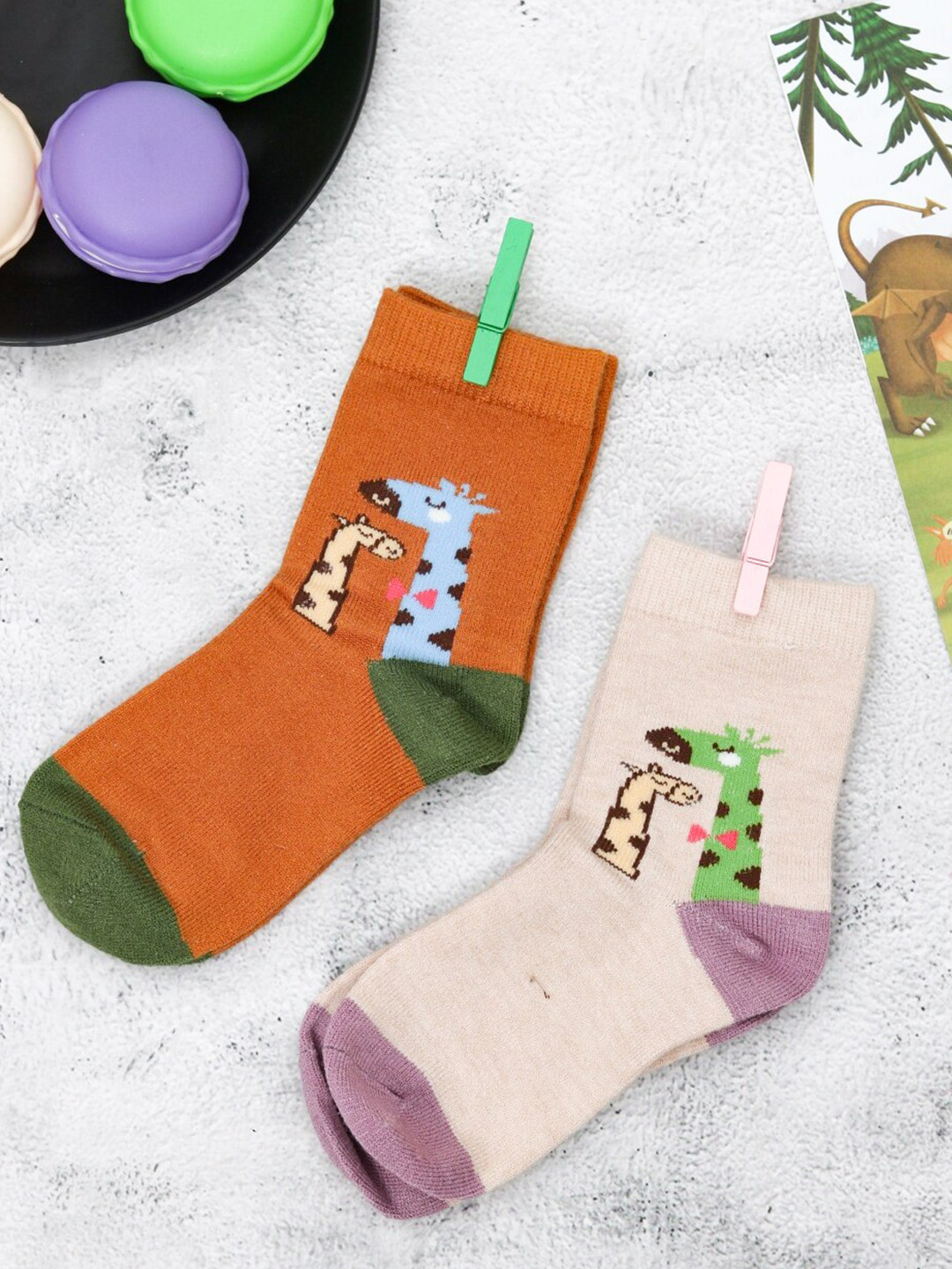 Yellow Bee Boys Pack Of 2 Brown & Beige Giraffe Patterned Cotton Socks