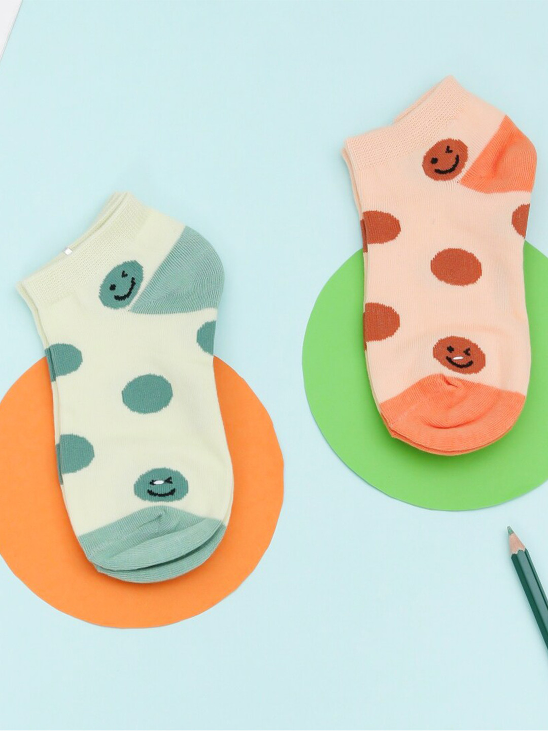 Yellow Bee Girls Pack Of 2 Green & Peach Patterned Cotton Ankle-Length Socks