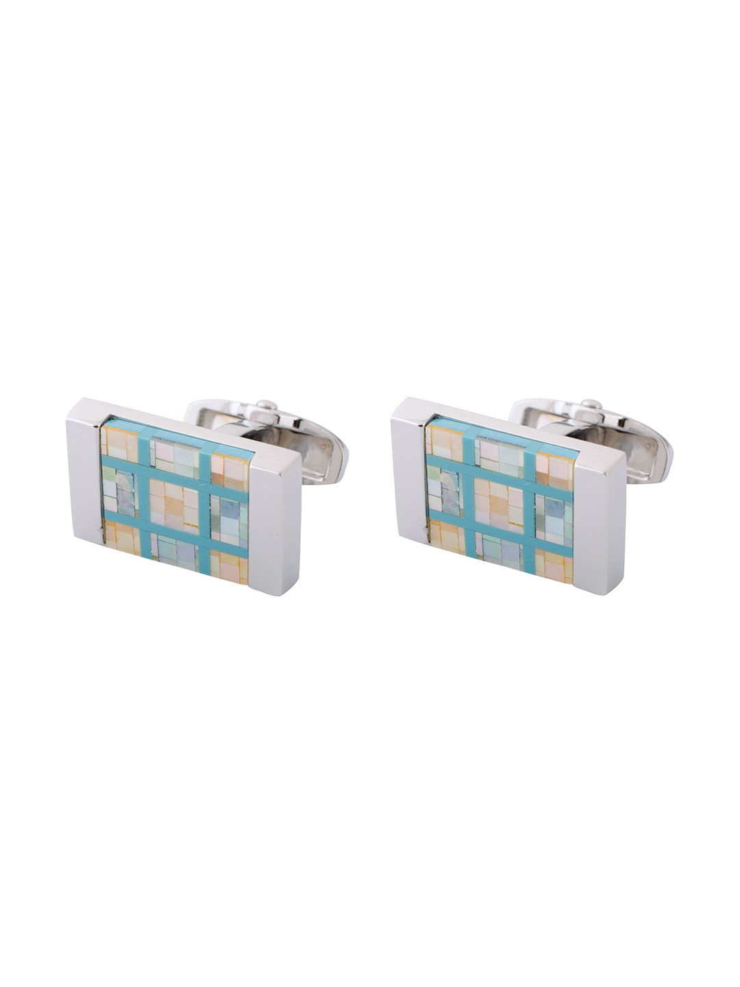 The Tie Hub Men Blue & Silver-Toned Checkered MOP Rectangular Cufflinks