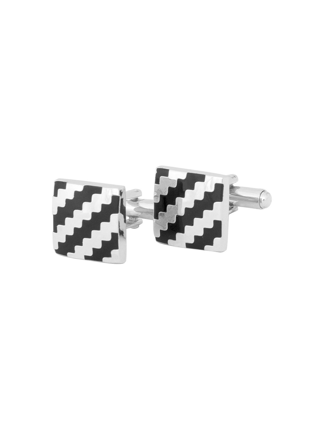 The Tie Hub Men Silver-Toned & Black Square Waves Cufflinks