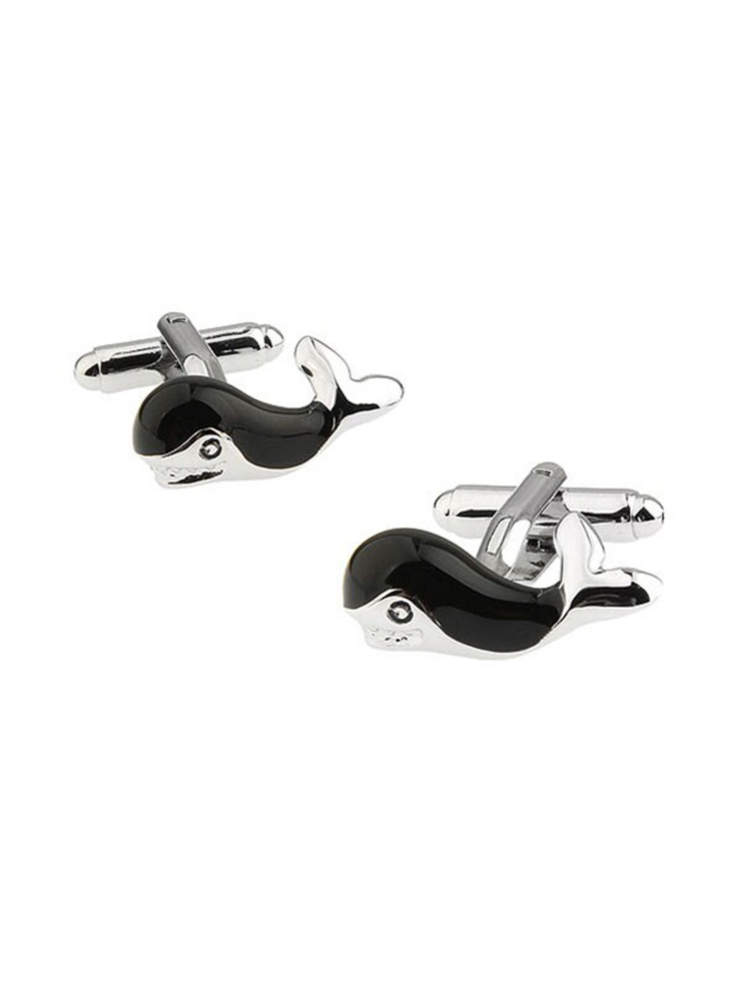 The Tie Hub Black & Silver-Toned Whale Fish Cufflink
