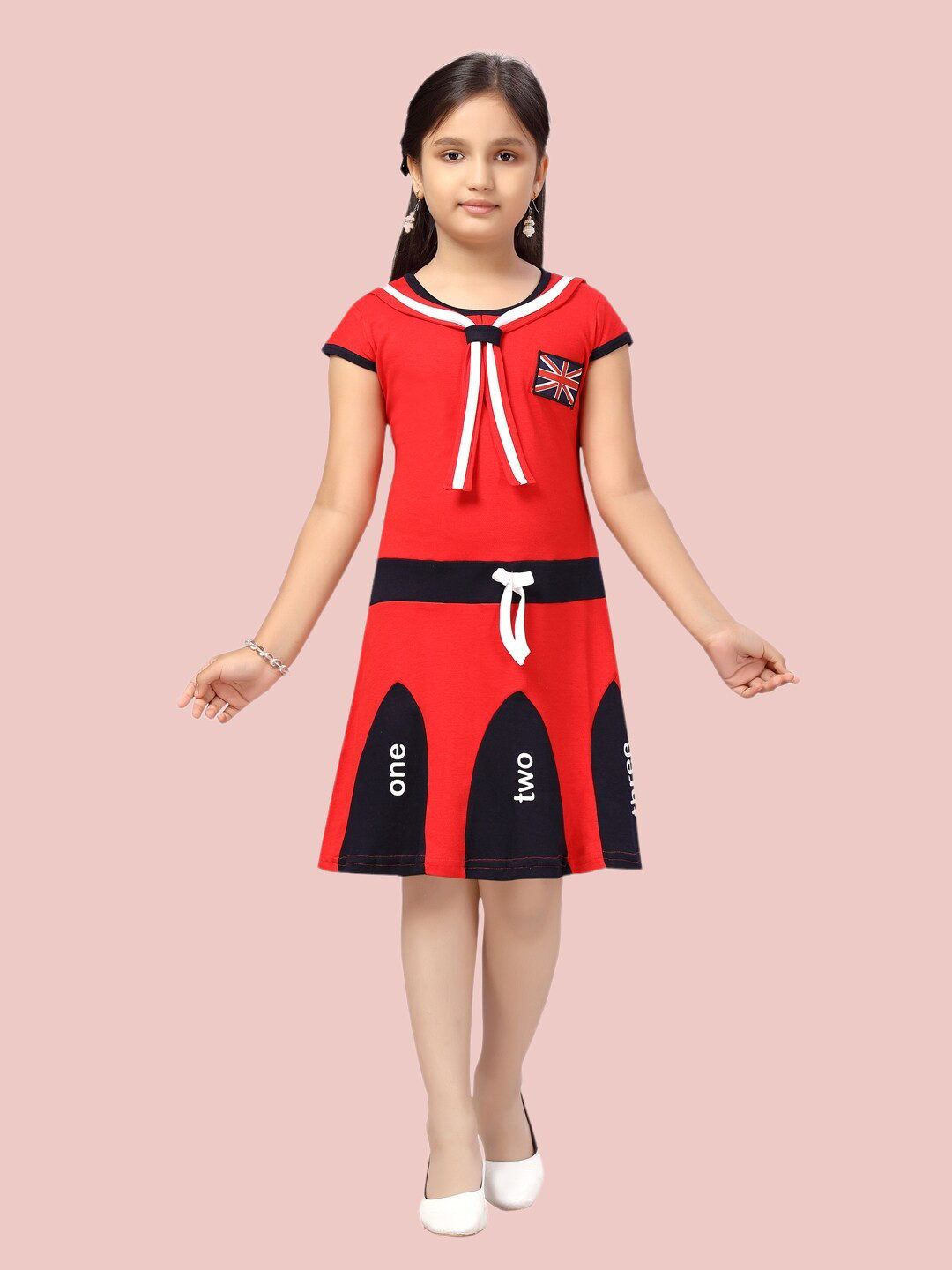 Aarika Red & Black Colourblocked A-Line Cotton Dress