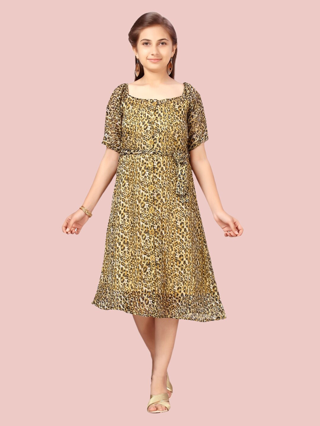 Aarika Yellow & Camel Brown Animal A-Line Midi Cotton Dress