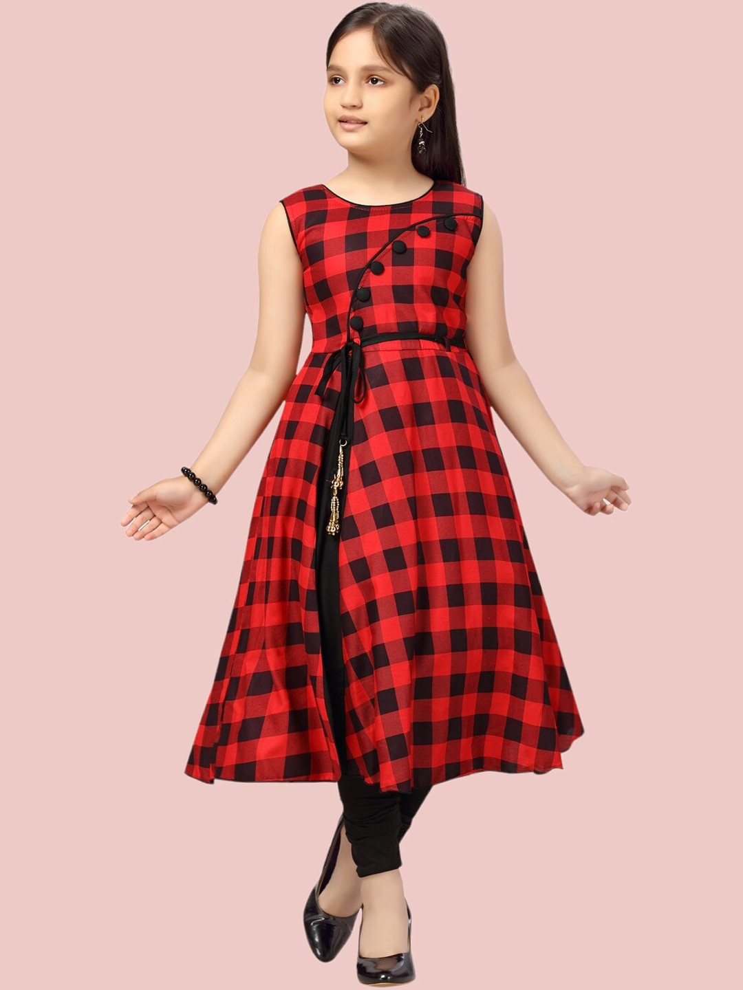 Aarika Girls Red & Black Cotton A-line Kurta With Leggings Set