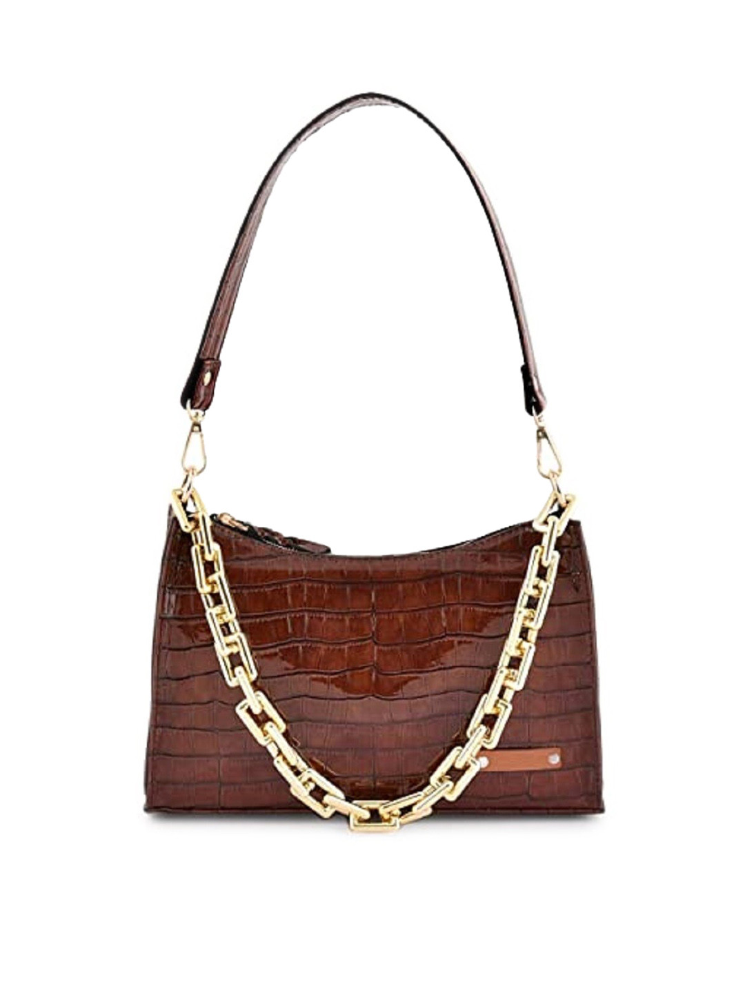 Lychee bags Brown Textured PU Structured Shoulder Bag