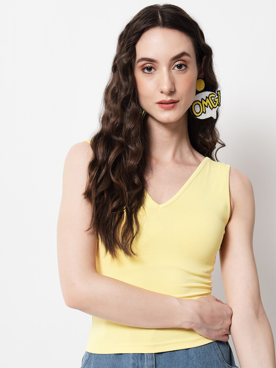 angloindu Women Yellow Solid V-Neck Slim Fit T-shirt