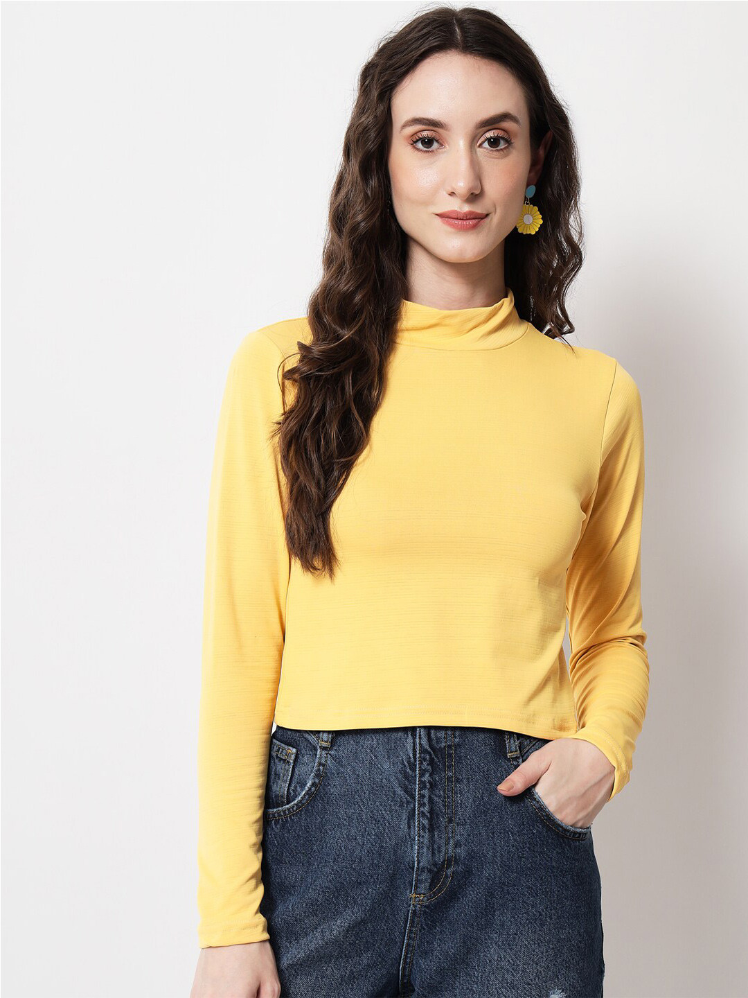 angloindu Yellow Solid High Neck Long Sleeve Crop Top