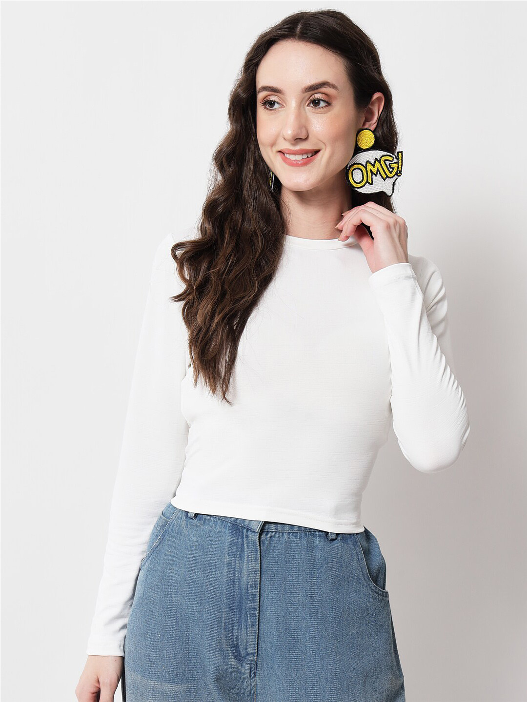 angloindu White Solid High Neck Long Sleeve Crop Top