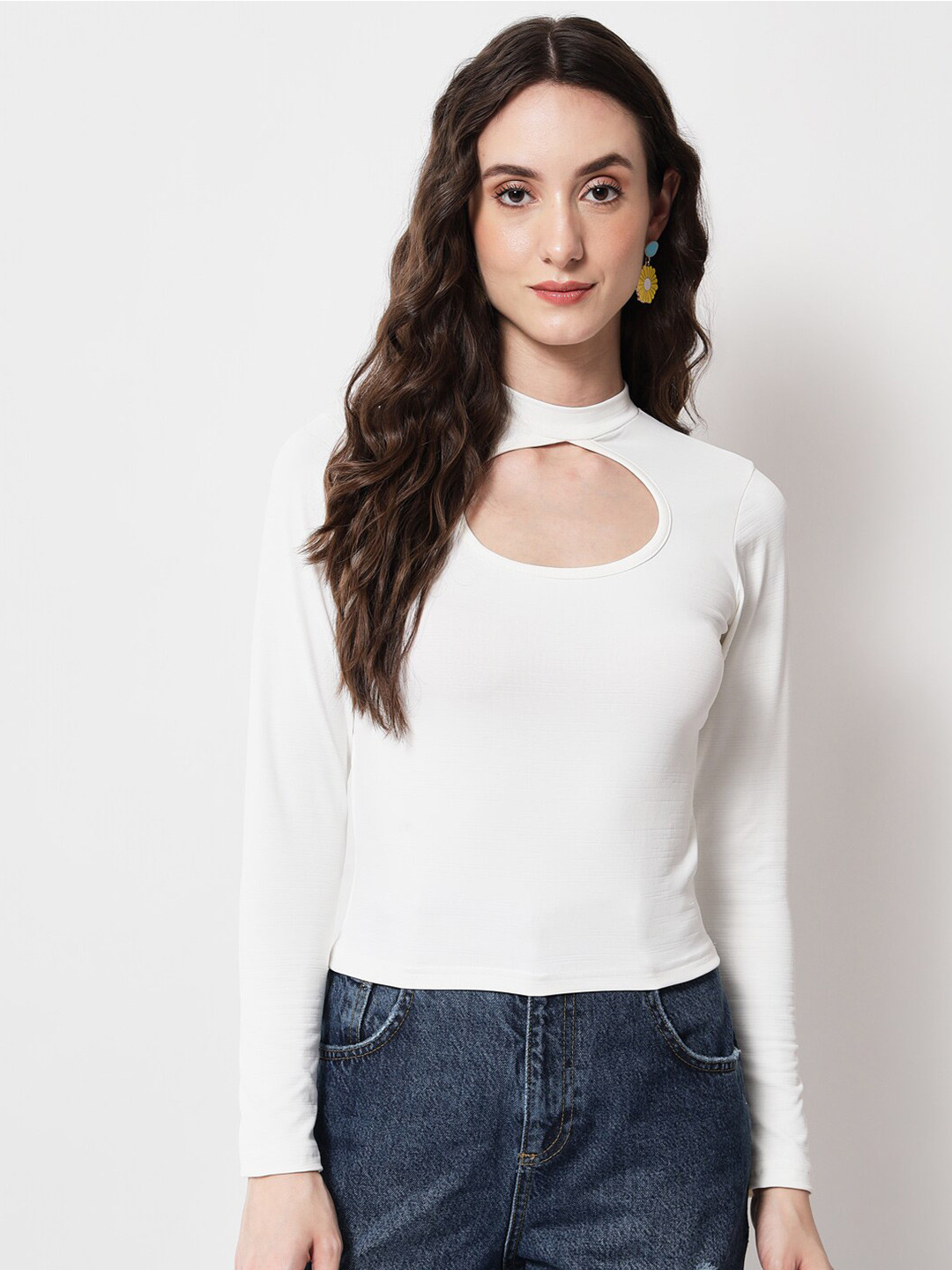 angloindu White Solid High Neck Long Sleeve Crop Top