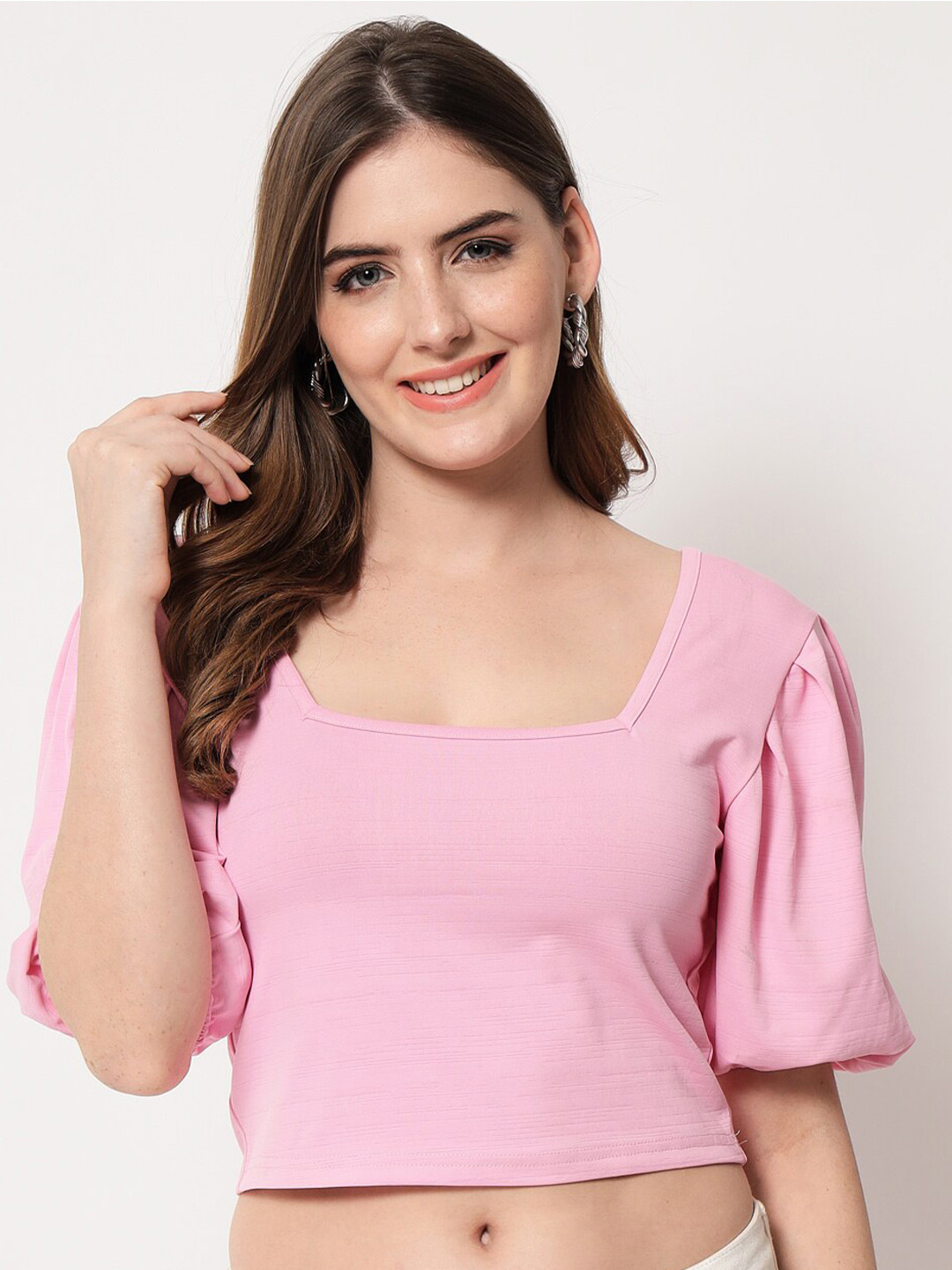 angloindu Pink Solid Short Sleeve Puffed Sleeve Crop Top
