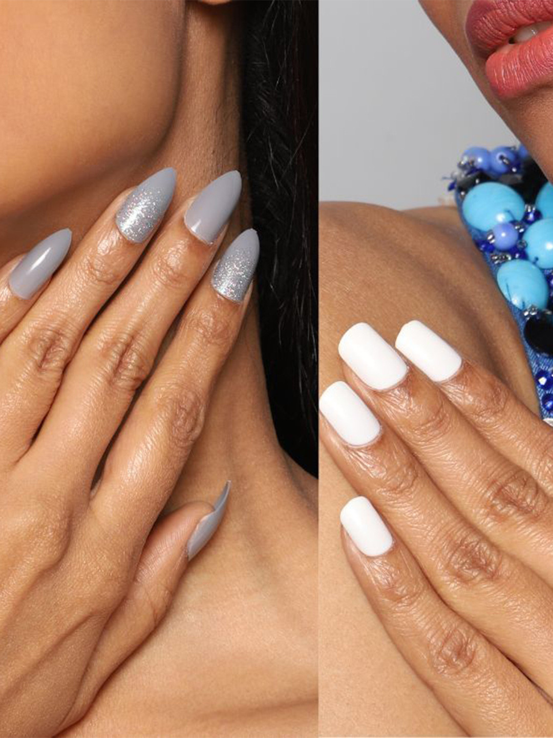 LICK Pack Of 2 Acrylic Press on Nails With Quick Dry Nail Glue - Snow White & Dove Grey