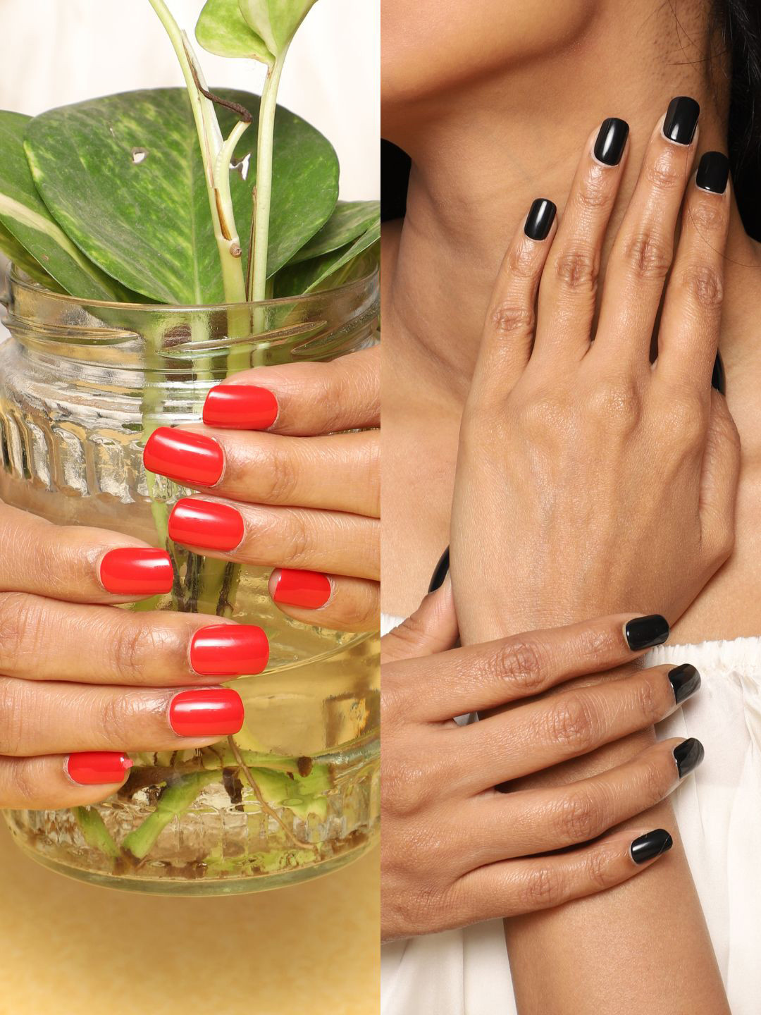LICK Pack Of 2 Acrylic Press on Nails With Quick Dry Nail Glue - Rose Beige & True Red