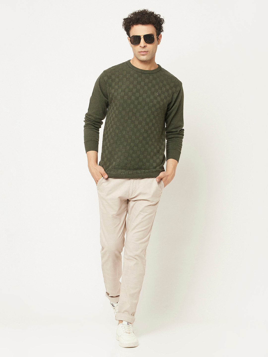 Crimsoune Club Men Army Green Self Design Cable Knit Pullover