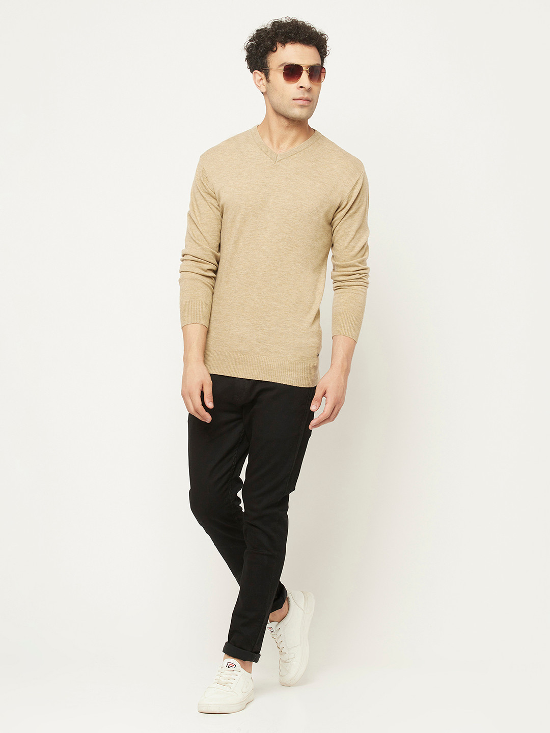 Crimsoune Club Men Beige Solid V-Neck Long Sleeves Pullover