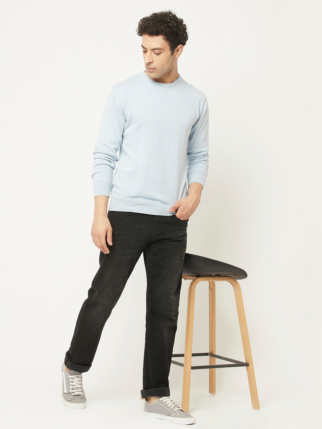 Crimsoune Club Men Light Blue Solid Round Neck Pure Cotton Pullover