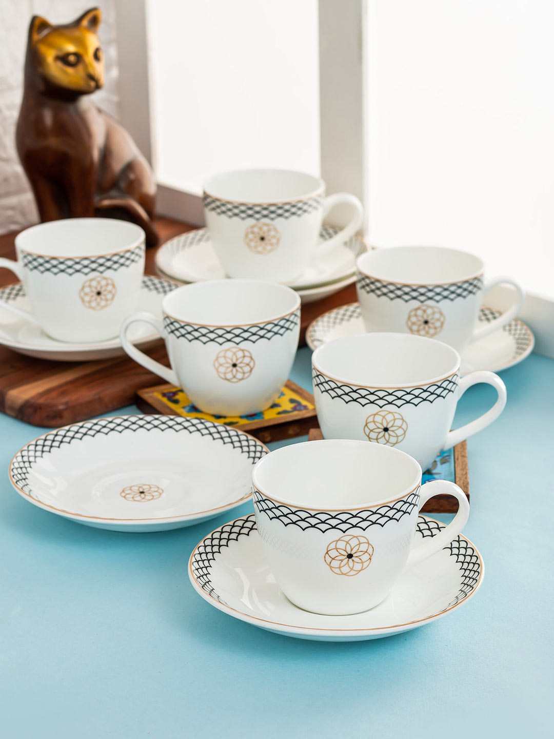 CLAY CRAFT White & Black Set of 12 Dishwasher Safe Ceramic Cups and Saucers 180 ml Each
