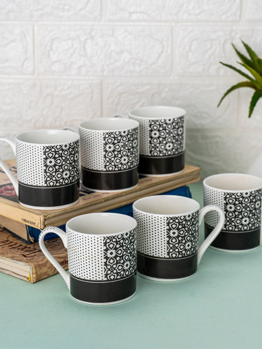CLAY CRAFT White & Black Set of 6 Printed Ceramic Glossy Cups - 180 ml