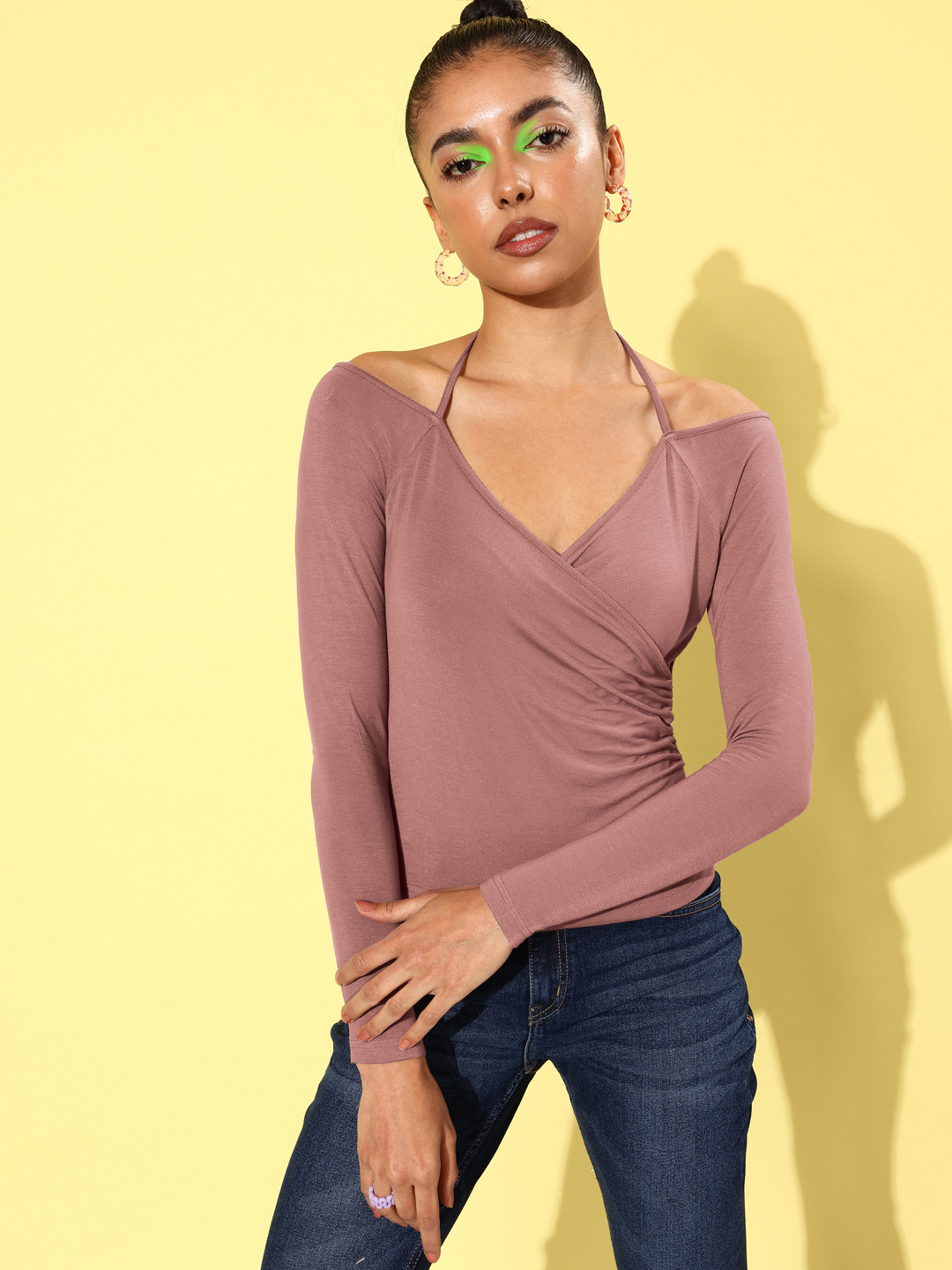 The Roadster Lifestyle Co. Regal Mauve Emo New Necklines Pure Cotton Off-Shoulder Wrap Top