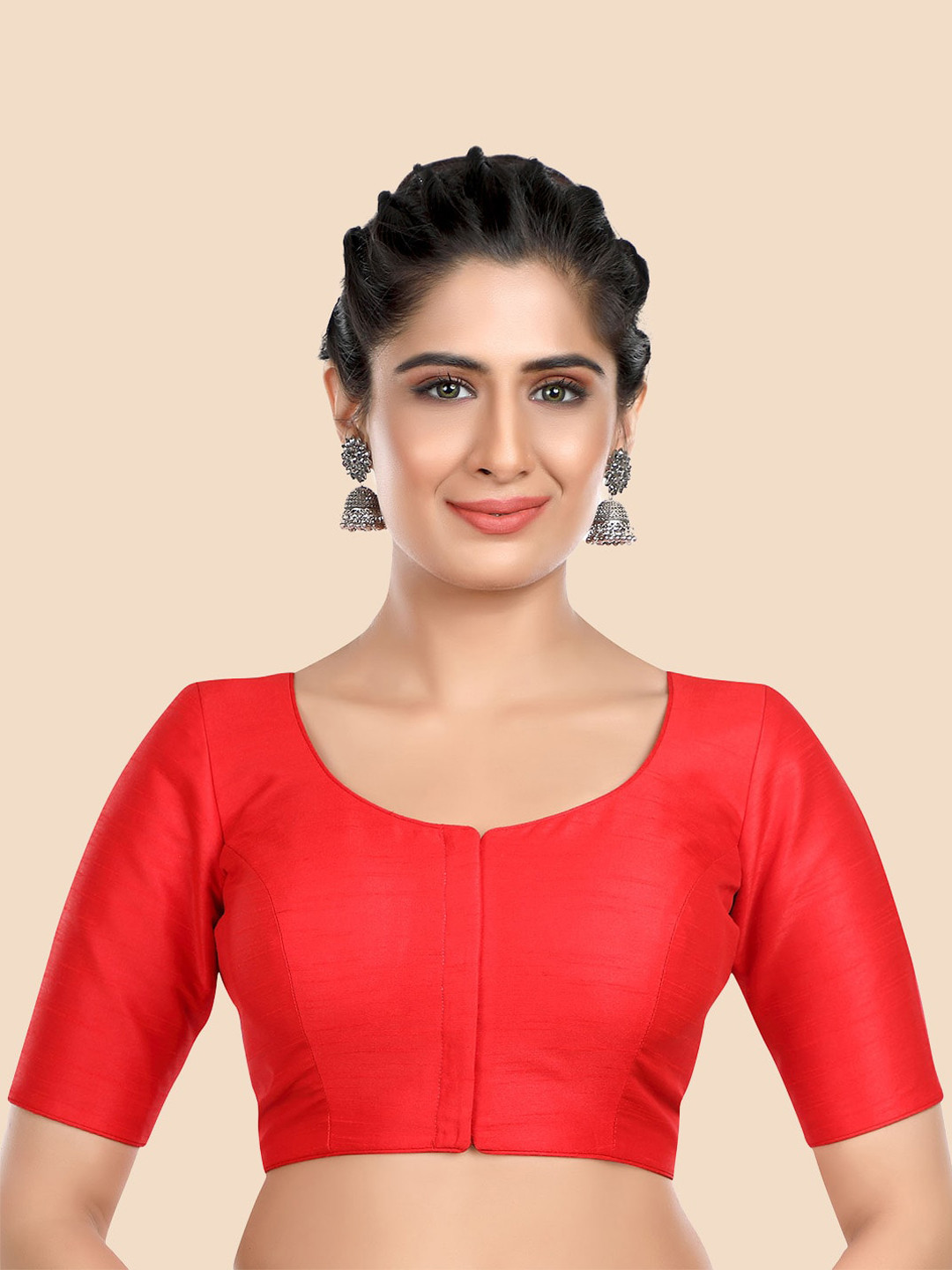 neckbook Red Solid Silk Saree Blouse