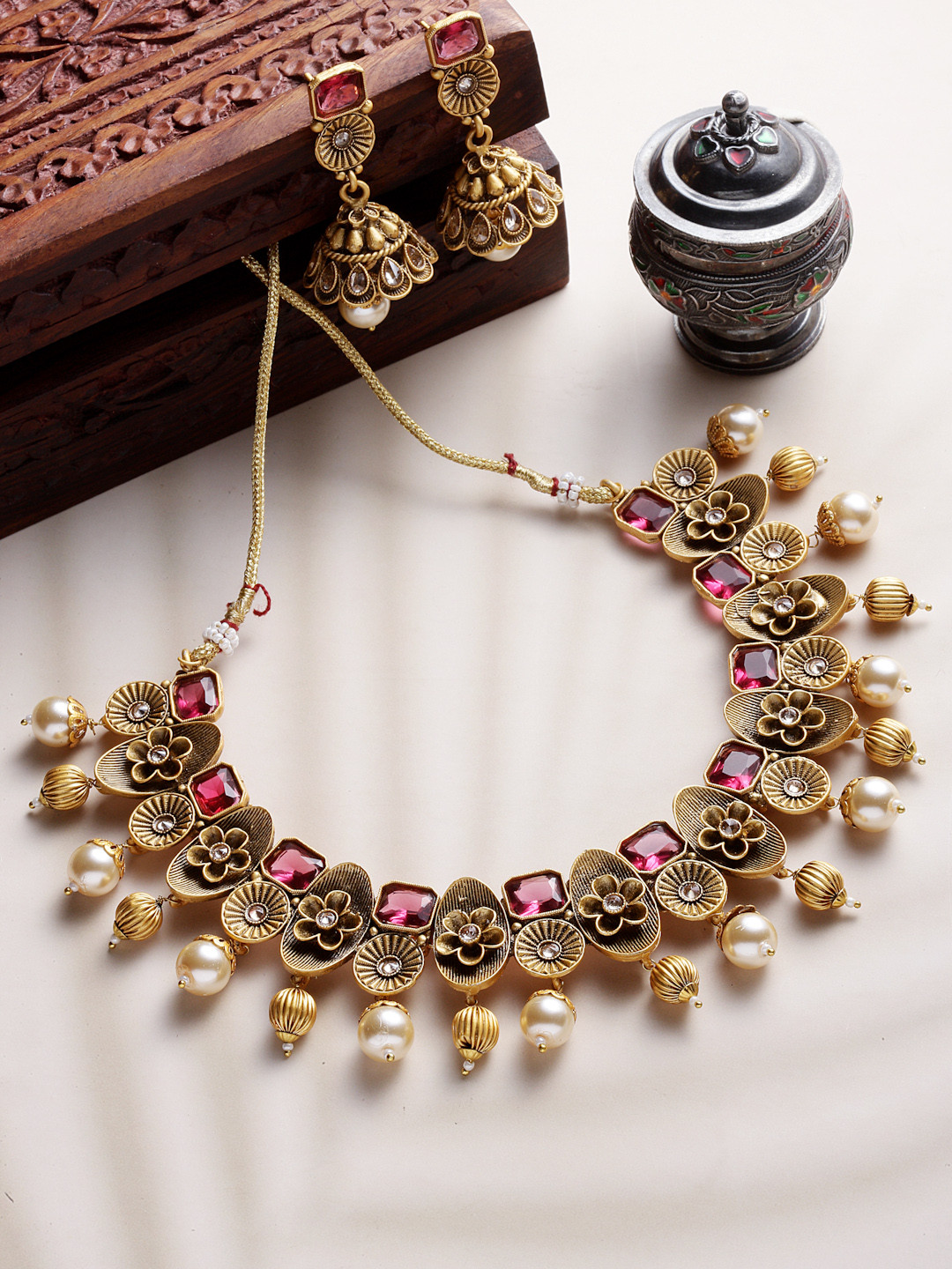 PANASH Gold-Plated & Red Antique Jewellery Set