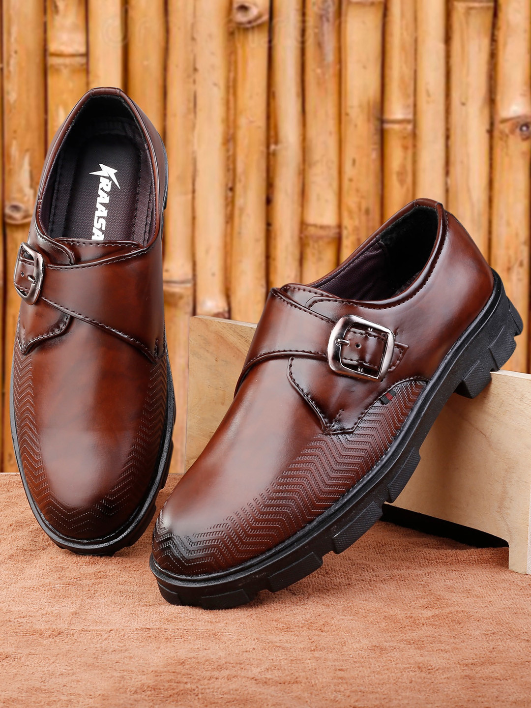 KRAASA Men Brown Solid Formal Monk Shoes