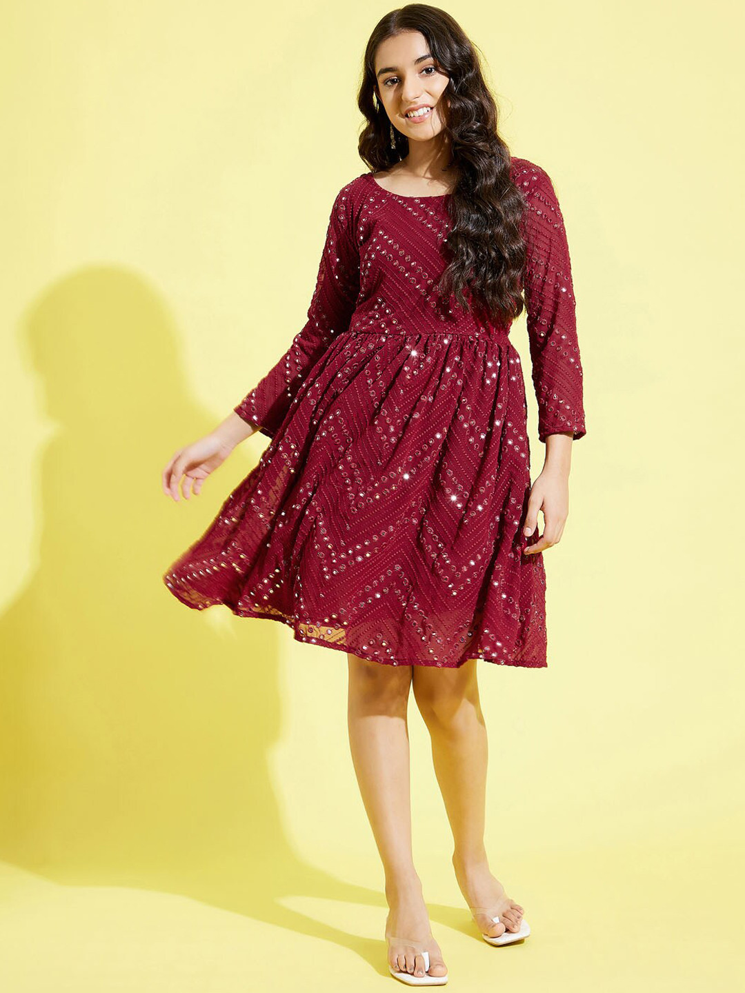 VASTRAMAY Girls Maroon Mirror Work Embellished Ethnic Dresses