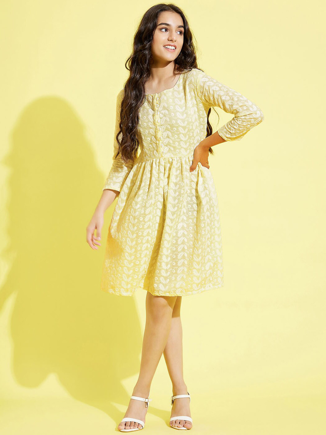 VASTRAMAY Girls Yellow Chikankari Pure Cotton Ethnic Dress