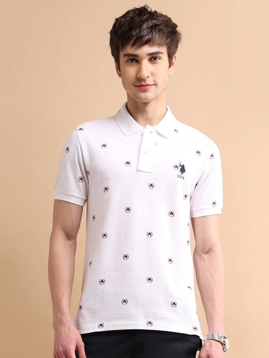 U S Polo Assn. Men White Heritage Print Polo Collar Cotton T-shirt