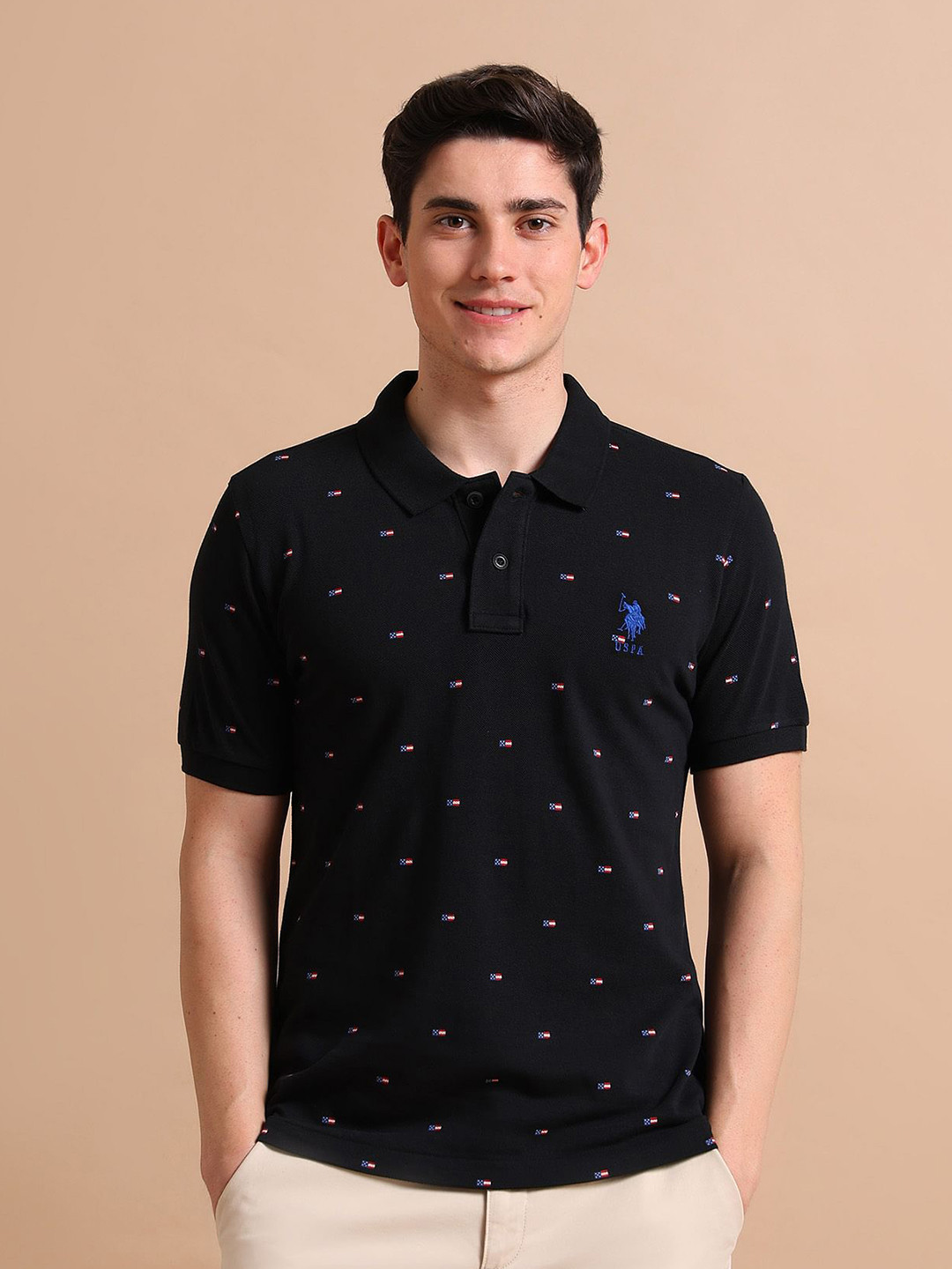 U.S. Polo Assn. Men Flag Print Polo Collar Cotton T-shirt