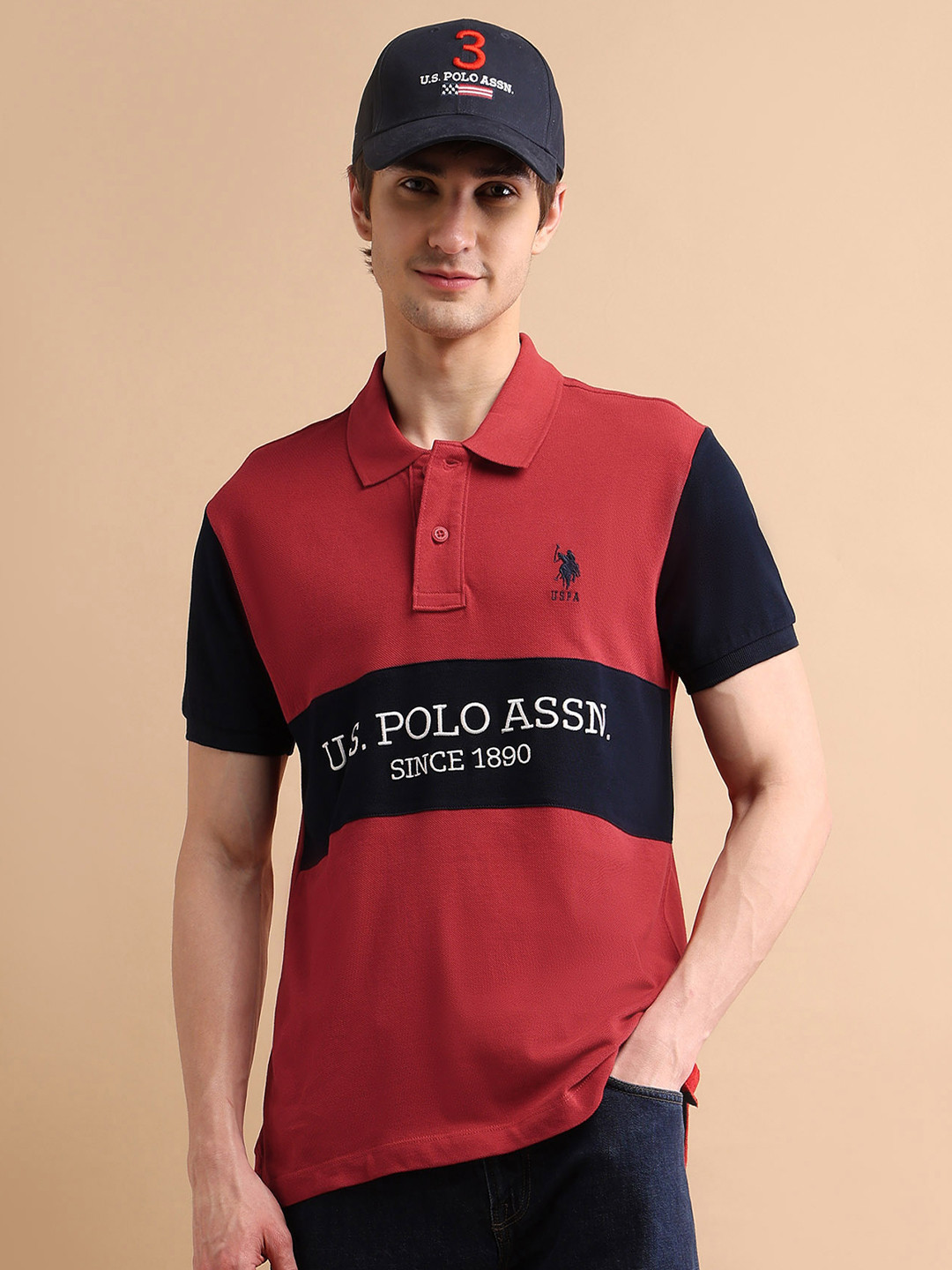 U.S. Polo Assn. Men Red & Black Pure Cotton Embroidered Rugby Polo Shirt