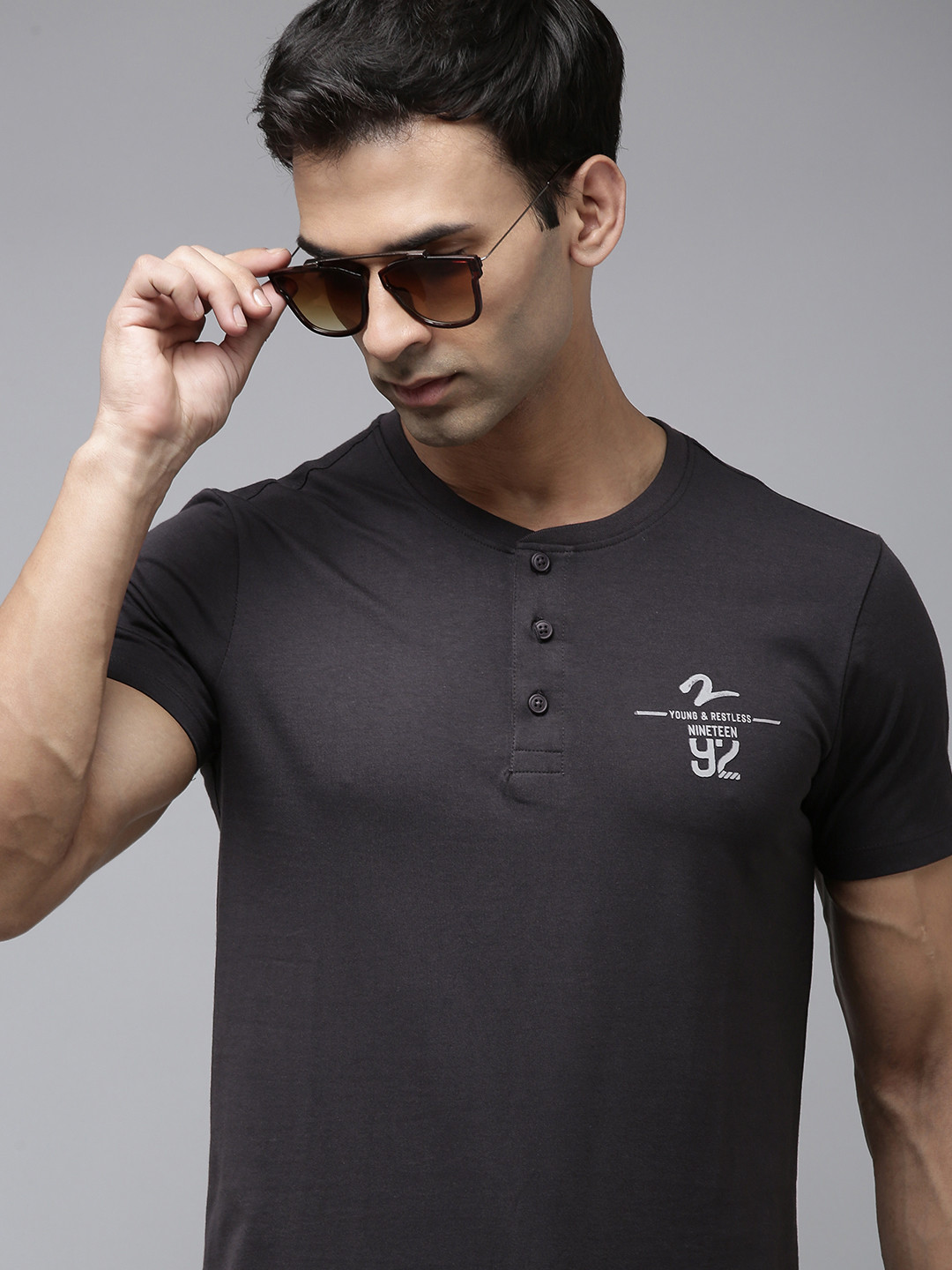 SPYKAR Varsity Placement Print Henley Neck Slim Fit T-shirt