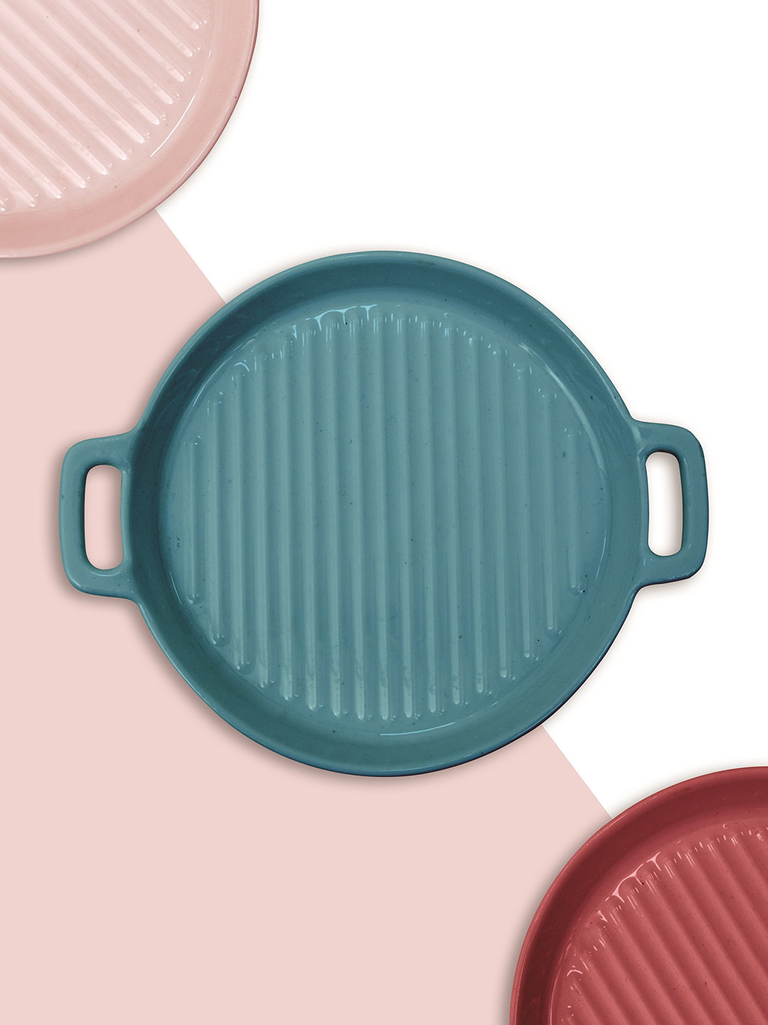 CLAY CRAFT Blue Geometric Dishwasher & Microwave safe Ceramic Round Grill Plate