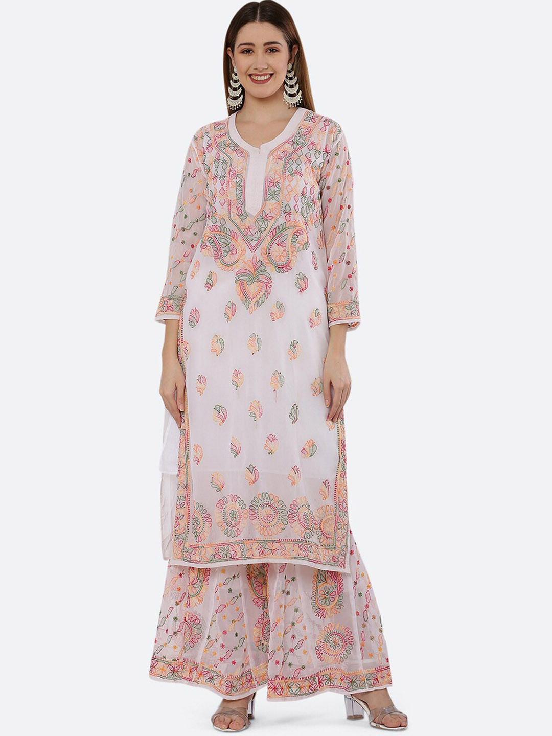 FAWOMENT White Hand Embroidered Chikankari Straight Kurta and Slip on Sharara with Inner