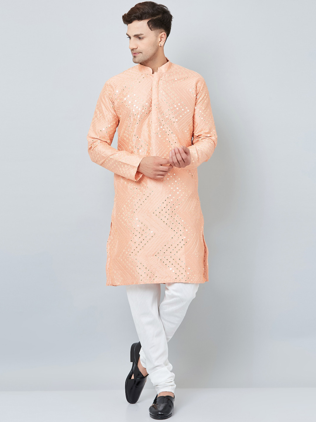 Armaan Ethnic Men Pink Embroidered Mirror Work Dupion Silk Kurta with Churidar