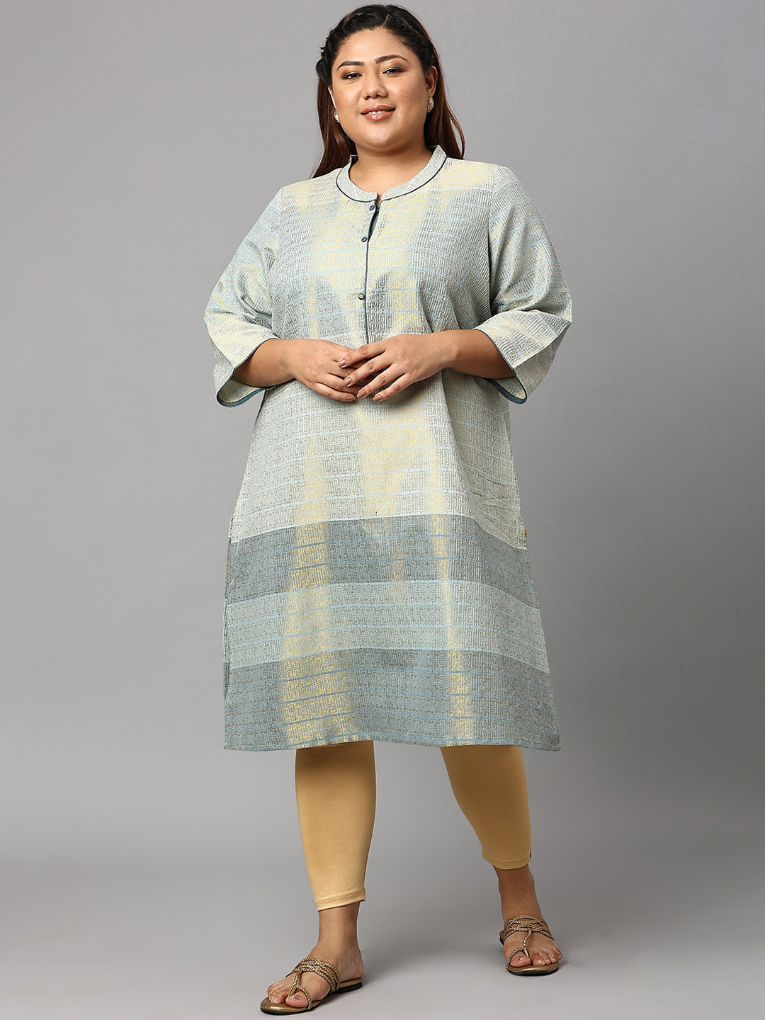 AURELIA Women Cream-Coloured & Grey Abstract Woven Design Straight Fit Kurta