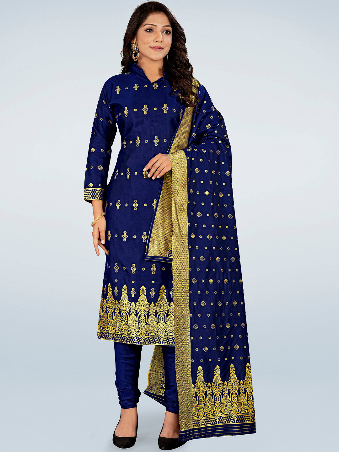 KALINI Navy Blue & Gold-Toned Unstitched Dress Material