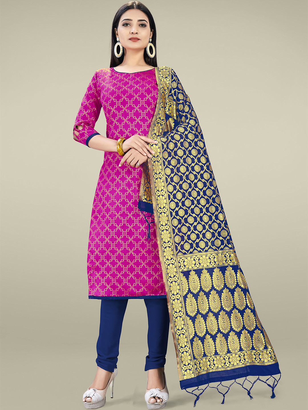 KALINI Pink & Blue Unstitched Dress Material
