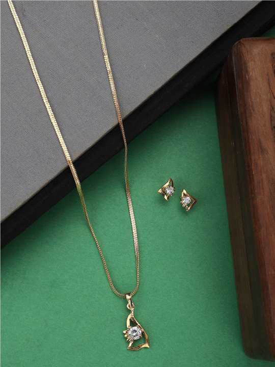 Bhana Fashion Gold-Plated White AD-Studded Pendant With Chain & Earrings