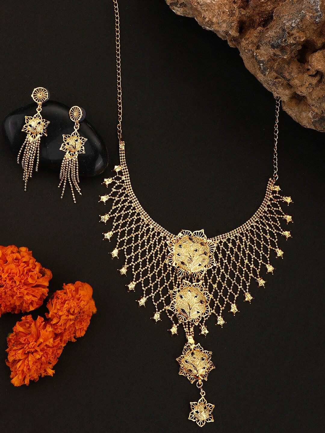 ANIKAS CREATION Gold-Plated Jaal Work Star Traditional Jewellery Set