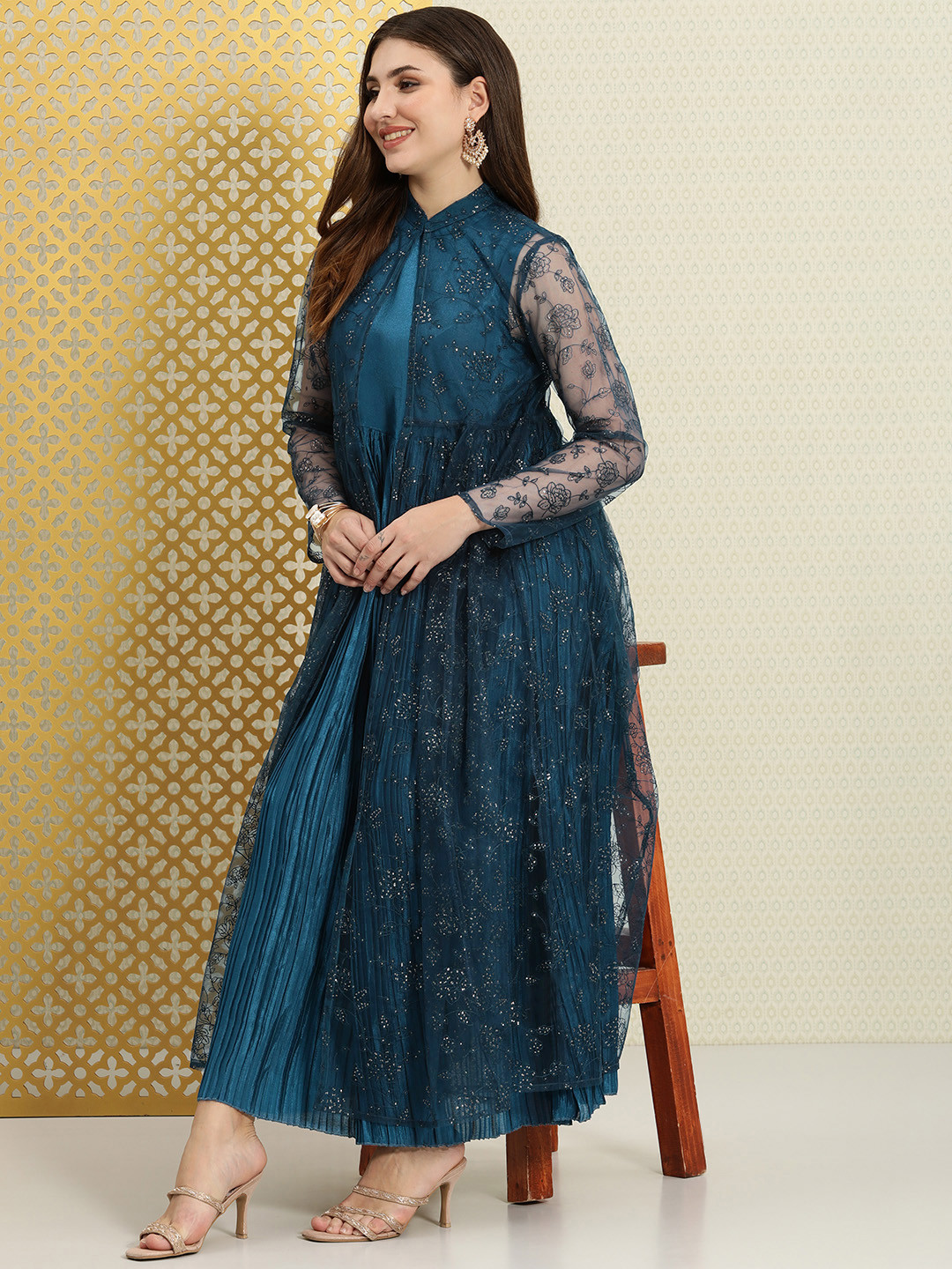 House of Pataudi Jashn Accordion Pleated Ethnic Dress With Sequinned Jacket