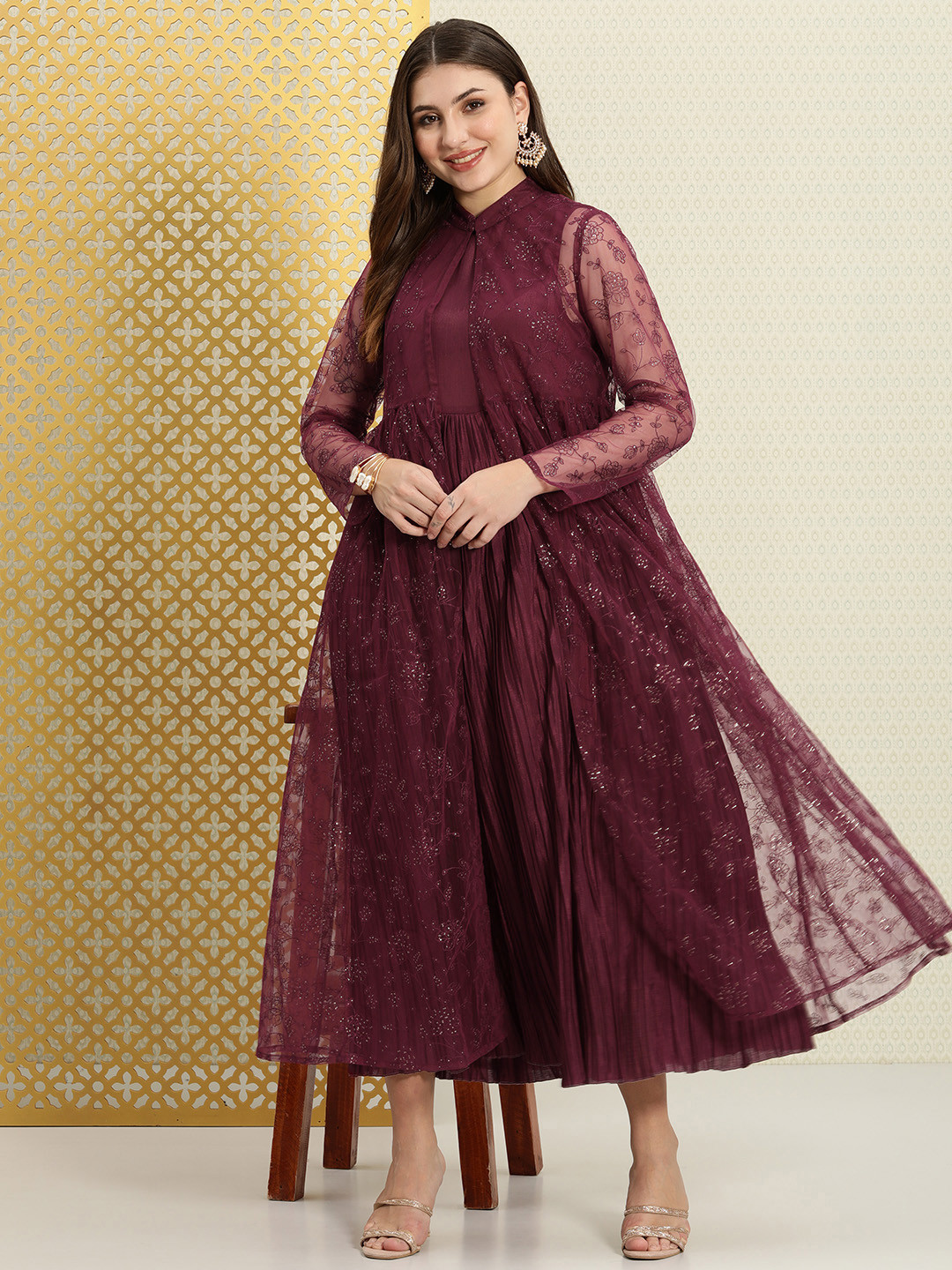 House of Pataudi Jashn Accordion Pleated Ethnic Dress With Sequinned Jacket