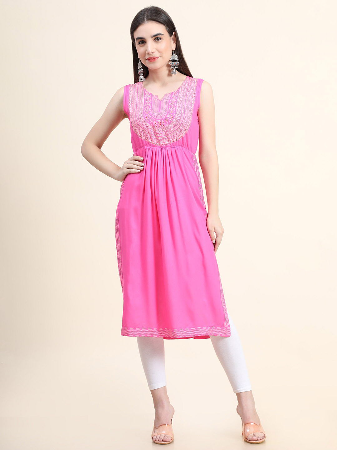 DAEVISH Women Pink Yoke Design A-Line High Slit Kurta