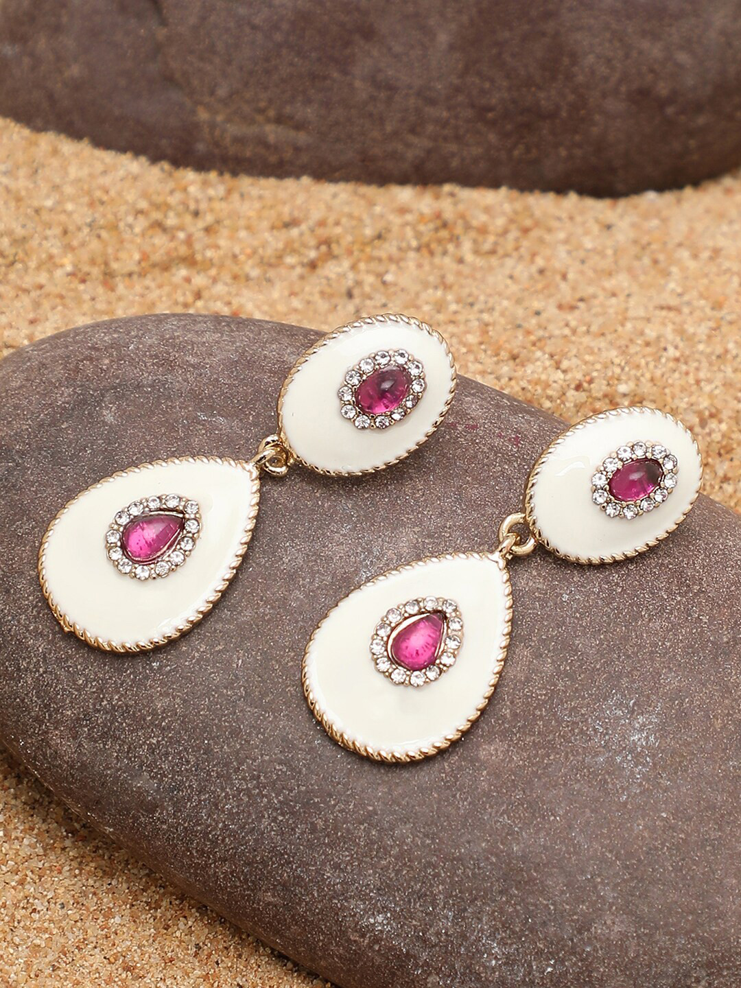 SOHI Off White Teardrop Shaped Gold Plated Drop Earrings