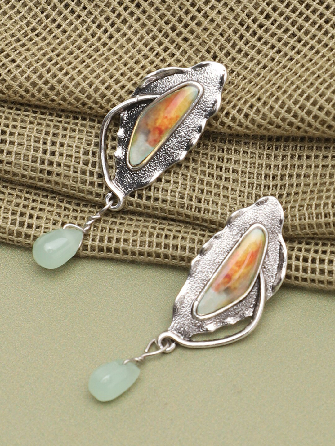 SOHI Sea Green & Orange Contemporary Silver Plated Drop Earrings