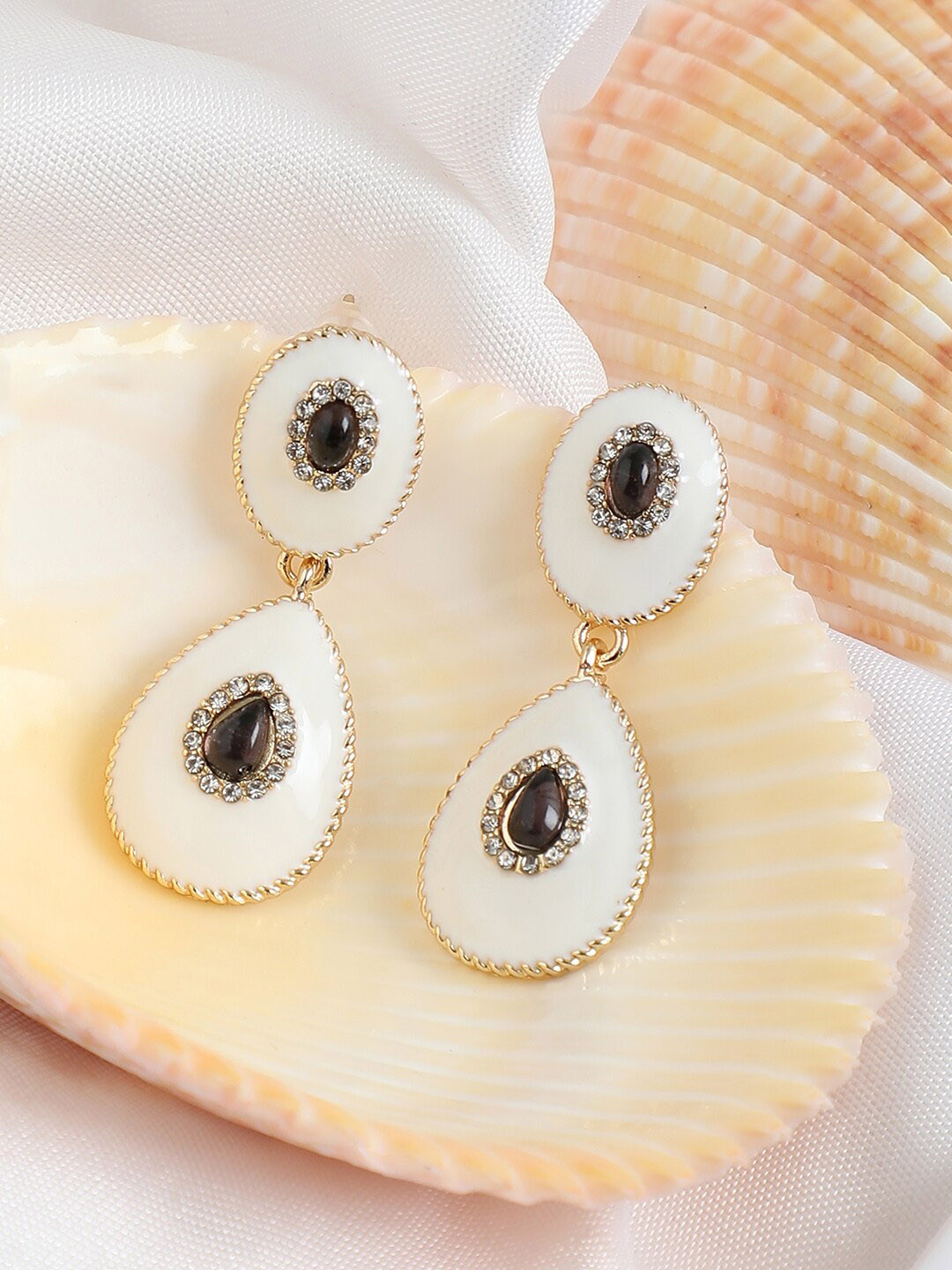 SOHI Off White & Black Contemporary Gold Plated Drop Earrings