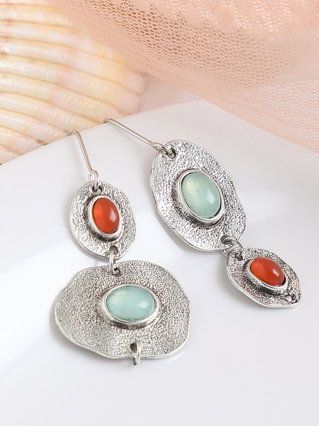 SOHI Blue & Red Contemporary Silver Plated Drop Earrings
