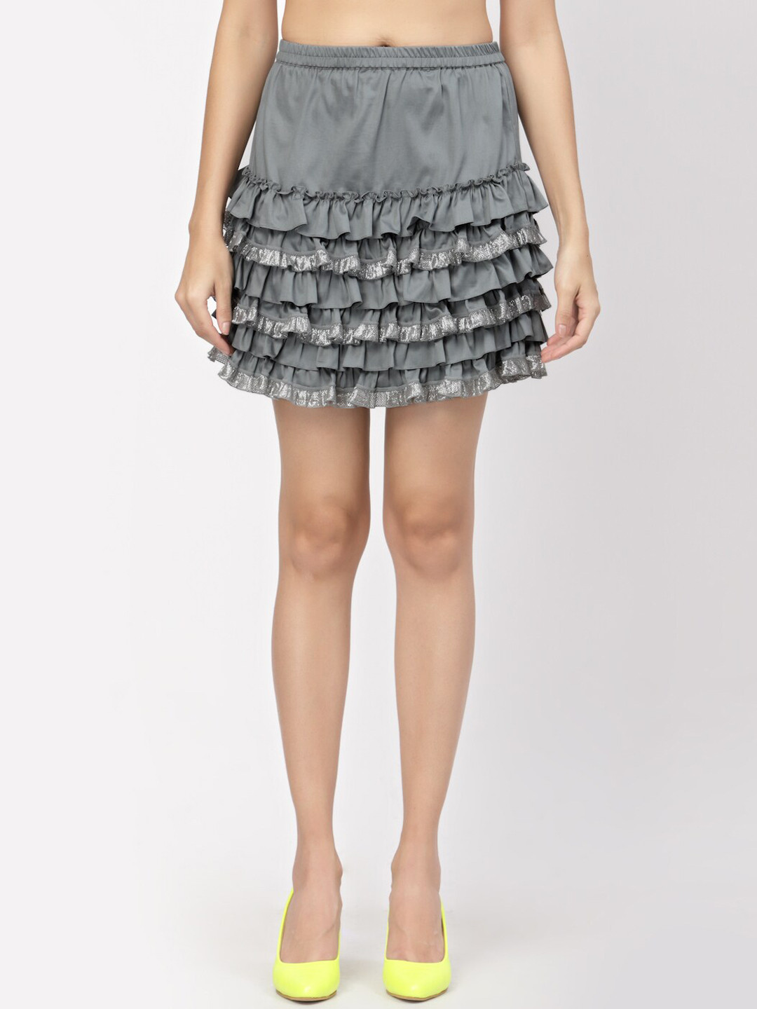 LELA Grey Solid Frill Detail Layered Mini Skirt