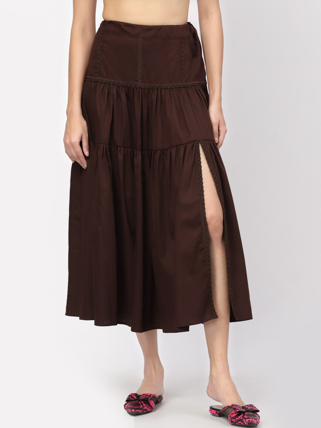 LELA Women Brown Solid Lace Detail A-Line Midi Skirt With Side Slit