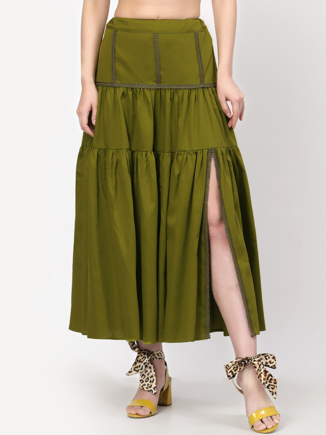 LELA Women Olive Green Cotton Cambric Solid A-line Midi Skirts